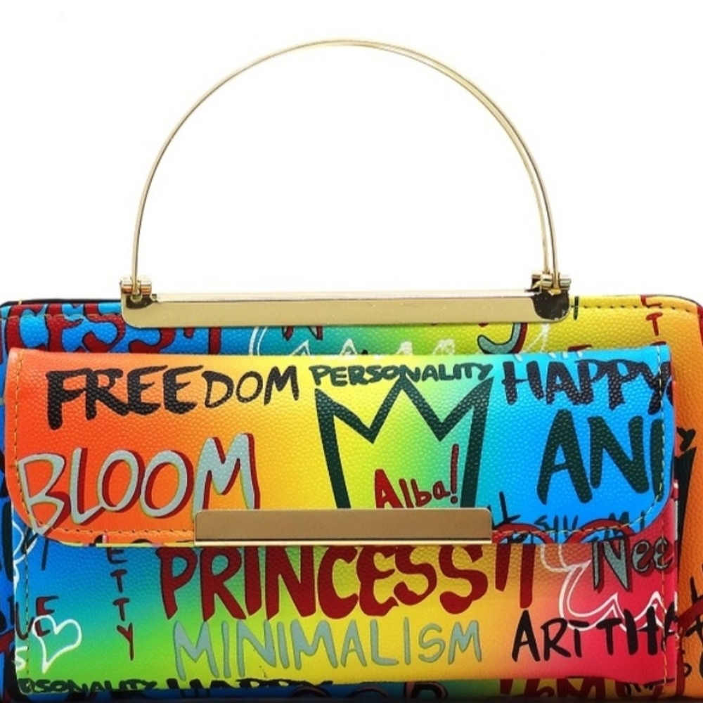 Multi Graffiti Print Round Top Handle Crossbody Bag Clutch Wallet